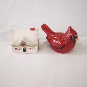 NWT    Ceramic Red Bird & House Salt & Pepper Shakers-